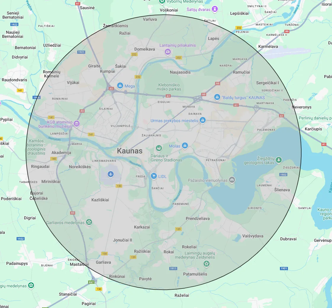 Karavanas LT aptarnaujama teritorija Kauno mieste ir rajone